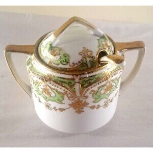 Antique Nippon Morimura Sugar Bowl Gold Gilded Green Floral W Spoon Moriage